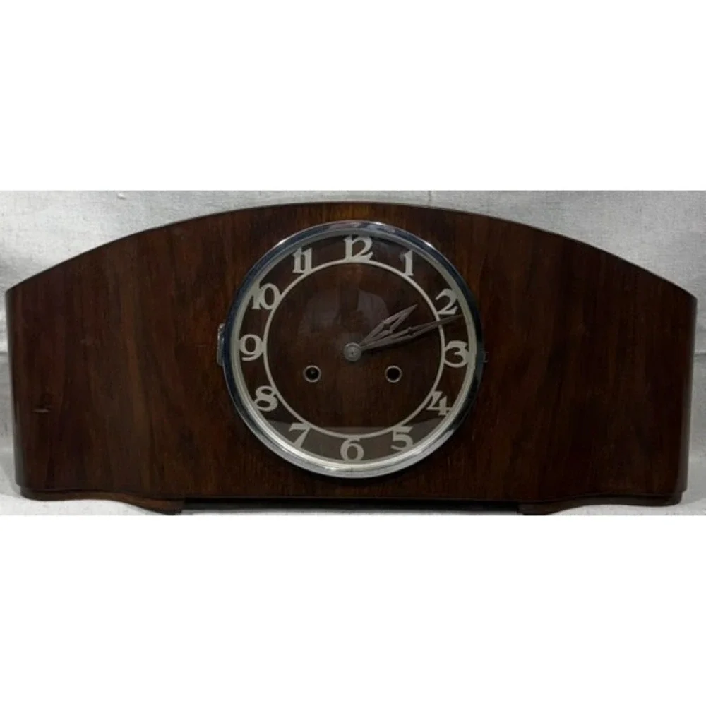 Vintage 1950s Tambour Mantel Clock German 8 Day Movement 130 Stamp Wood Case